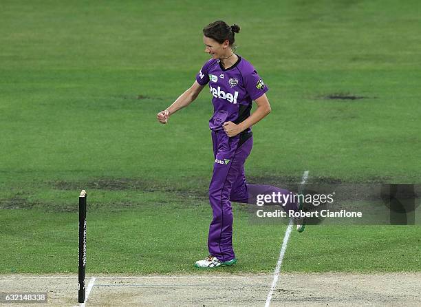 Julie Hunter of the Hurricanes celebrates taking the wicket of Meg Lanning of the Melbourne Stars during the Women's Big Bash League match between...