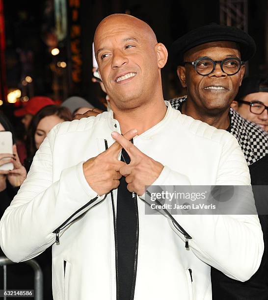 Actors Vin Diesel and Samuel L. Jackson attend the premiere of "xXx: Return of Xander Cage" at TCL Chinese Theatre IMAX on January 19, 2017 in...