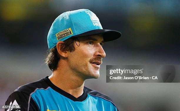 Joe Burns of the Heat during the Big Bash League match between the Brisbane Heat and the Melbourne Renegades at The Gabba on January 20, 2017 in...