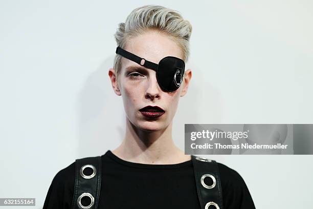 Model Manush is seen backstage ahead of the DEPRESSION show during the Mercedes-Benz Fashion Week Berlin A/W 2017 at Kaufhaus Jandorf on January 20,...