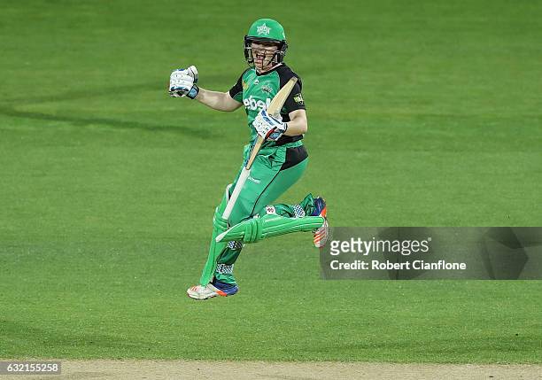 Jess Cameron of the Melbourne Stars celebrates after scoring the winning run during the Women's Big Bash League match between the Melbourne Stars and...