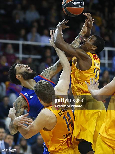 Tyler Honeycutt, Alex Renfroe and Aleksandar Vezenkov during the match between FC Barcelona and Anadolu Efes, corresponding to the week 17 of the...