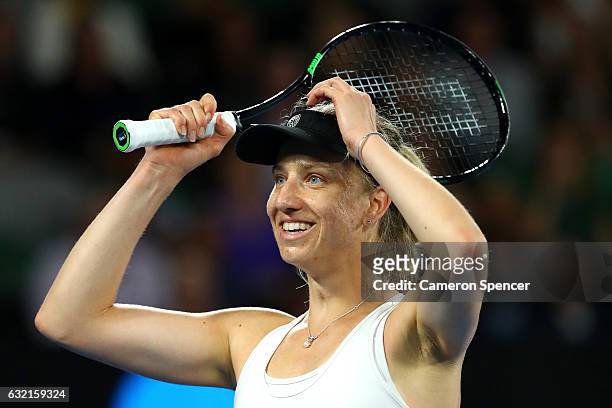 Mona Barthel of Germany celebrates winning her third round match against Ashleigh Barty of Australia on day five of the 2017 Australian Open at...