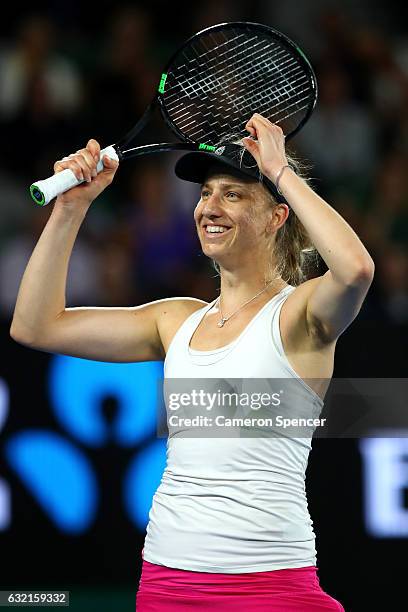 Mona Barthel of Germany celebrates winning her third round match against Ashleigh Barty of Australia on day five of the 2017 Australian Open at...