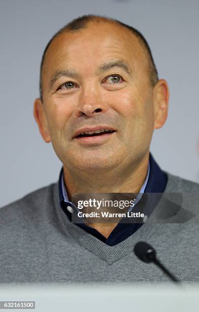 Eddie Jones, the England head coach talks during the England RBS 6 Nations Squad announcement at Twickenham Stadium on January 20, 2017 in London,...