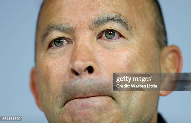 Eddie Jones, the England head coach talks during the England RBS 6 Nations Squad announcement at Twickenham Stadium on January 20, 2017 in London,...