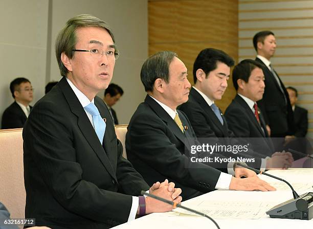 Nobuteru Ishihara , Japan's minister in charge of the Trans-Pacific Partnership trade pact, attends a ministerial meeting in Tokyo on Jan. 20 prior...