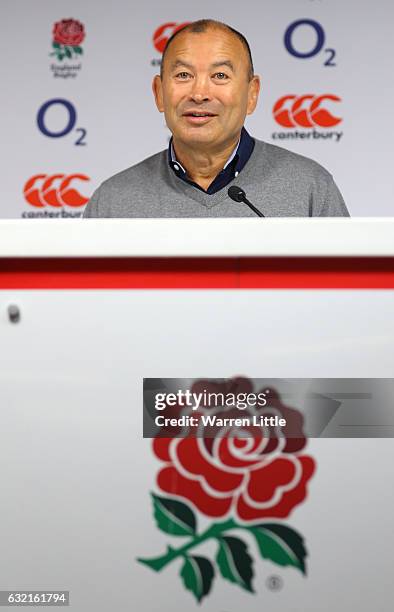 Eddie Jones, the England head coach talks during the England RBS 6 Nations Squad announcement at Twickenham Stadium on January 20, 2017 in London,...