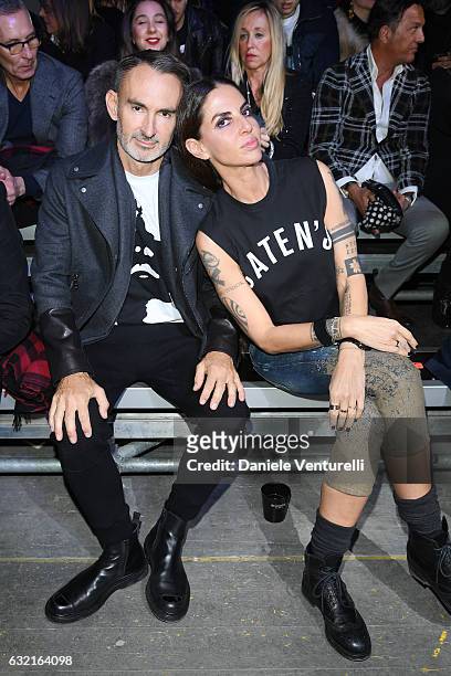 Neil Barret and Benedetta Mazzini arrive at the Dsquared2 show during Milan Men's Fashion Week Fall/Winter 2017/18 on January 15, 2017 in Milan,...