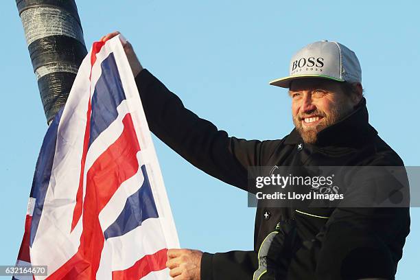 British yachtsman Alex Thomson onboard his 'Hugo Boss' IMOCA Open60 as he finishes 2nd in the Vendee Globe solo non stop around the world yacht race...