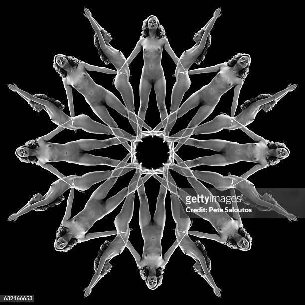 b&w multiple image kaleidoscope of nude woman against black background - multiple images of the same woman stock pictures, royalty-free photos & images