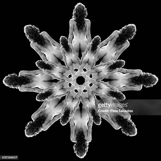 b&w multiple image kaleidoscope of nude woman, rear view against black background - multiple images of the same woman stock pictures, royalty-free photos & images