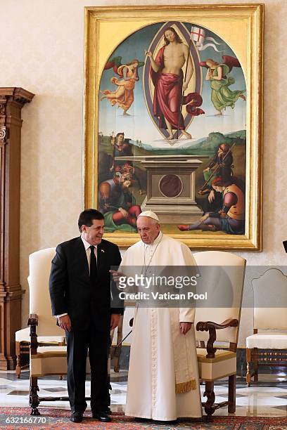 Pope Francis meets president of Paraguay Horacio Manuel Cartes Jara at the Apostolic Palace on January 20, 2017 in Vatican City, Vatican. Pope...