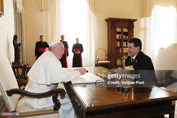 Pope Francis meets president of Paraguay Horacio Manuel Cartes Jara at the Apostolic Palace on January 20, 2017 in Vatican City, Vatican. Pope...