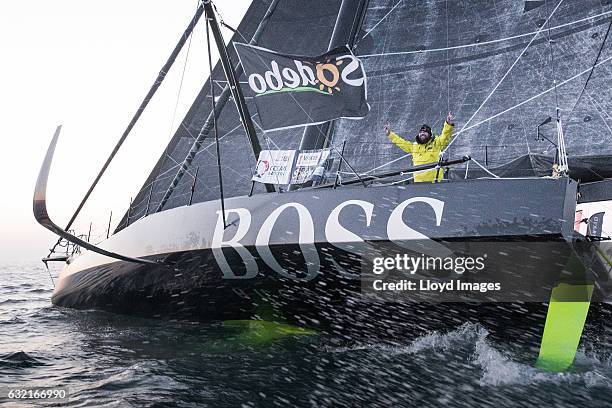 British yachtsman Alex Thomson onboard his 'Hugo Boss' IMOCA Open60 as he finishes 2nd in the Vendee Globe solo non stop around the world yacht race...