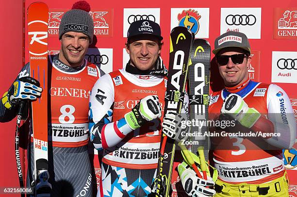 Christof Innerhofer of Italy takes 2nd place, Matthias Mayer of Austria takes 1st place, Beat Feuz of Switzerland takes 3rd place during the Audi FIS...