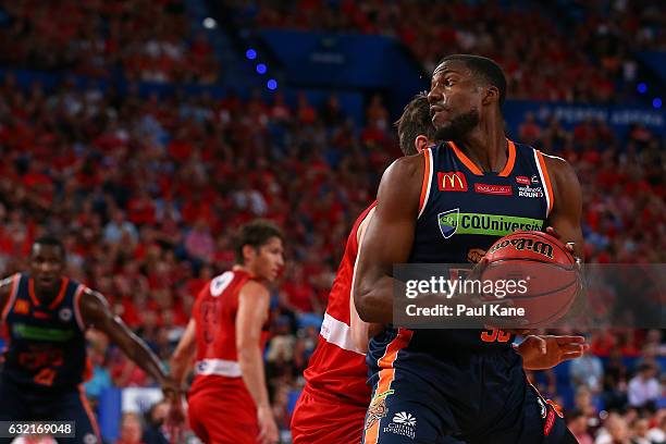 Tony Mitchell of the Taipans looks to pass the ball during the round 16 NBL match between the Perth Wildcats and the Cairns Taipans at Perth Arena on...