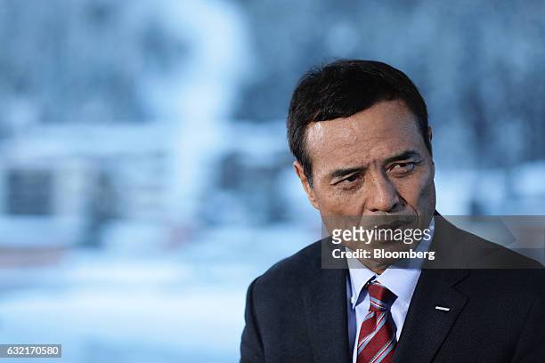 Takeshi Niinami, president and chief executive officer of Suntory Holdings Ltd., speaks during a Bloomberg Television interview at the World Economic...