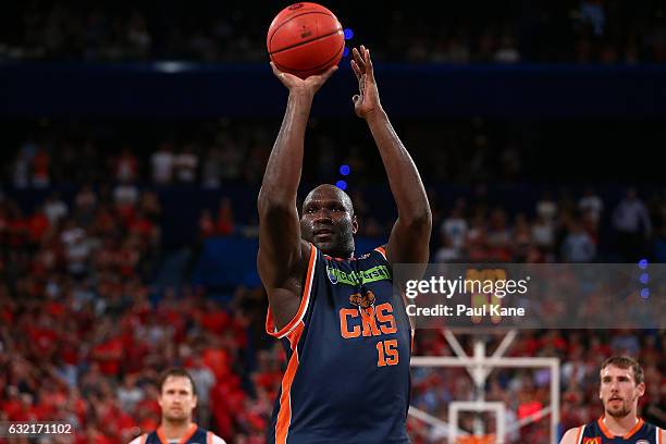 Nathan Jawai of the Taipans shoots a free throw during the round 16 NBL match between the Perth Wildcats and the Cairns Taipans at Perth Arena on...