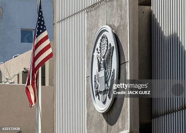 Picture taken on January 20, 2017 shows the exterior of the US Embassy building in the Israeli coastal city of Tel Aviv, coinciding with the...