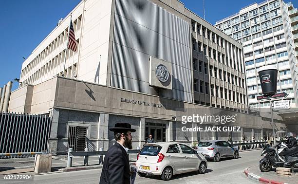 Picture taken on January 20, 2017 shows the exterior of the US Embassy building in the Israeli coastal city of Tel Aviv, coinciding with the...