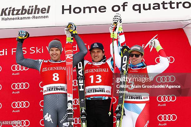 Christof Innerhofer of Italy takes 2nd place, Matthias Mayer of Austria takes 1st place, Beat Feuz of Switzerland takes 3rd place during the Audi FIS...