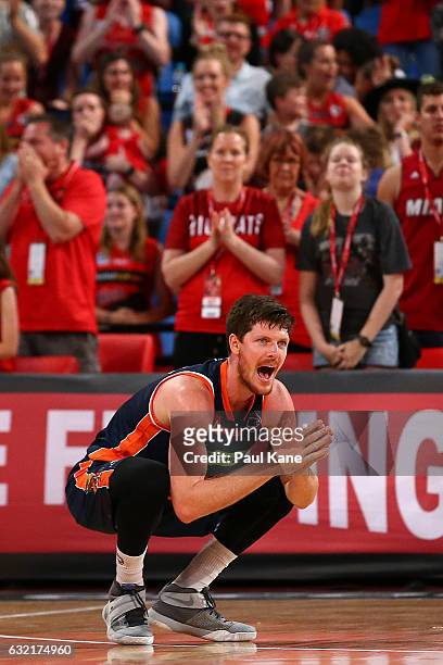 Cameron Gliddon of the Taipans reacts after Bryce Cotton of the Wildcats was fouled in the dying seconds of the game during the round 16 NBL match...