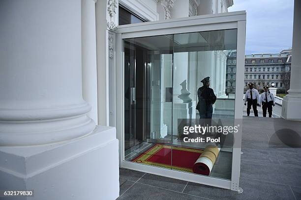 The red carpet sits rolled and and waiting for President-elect Donald Trump inside the North Portico of the White House on January 20, 2017 in...