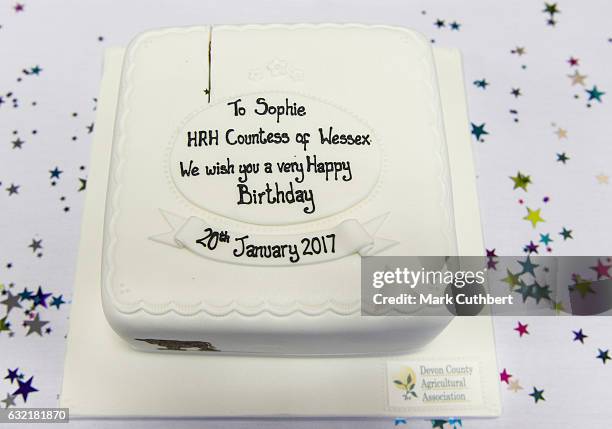 The birthday cake given to Sophie, Countess of Wessex on the occasion of her 52nd birthday as she attends The Devon County Agricultural Association's...