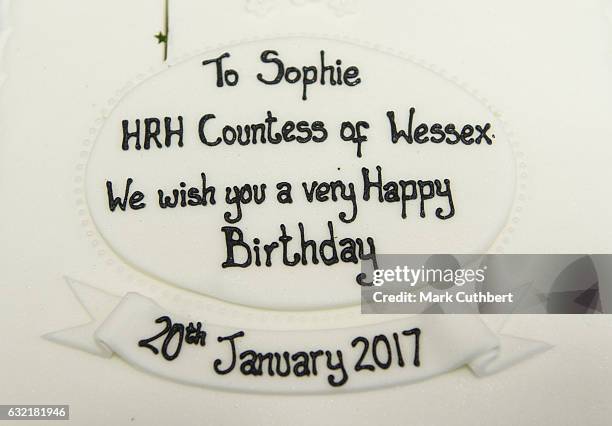 The birthday cake given to Sophie, Countess of Wessex on the occasion of her 52nd birthday as she attends The Devon County Agricultural Association's...