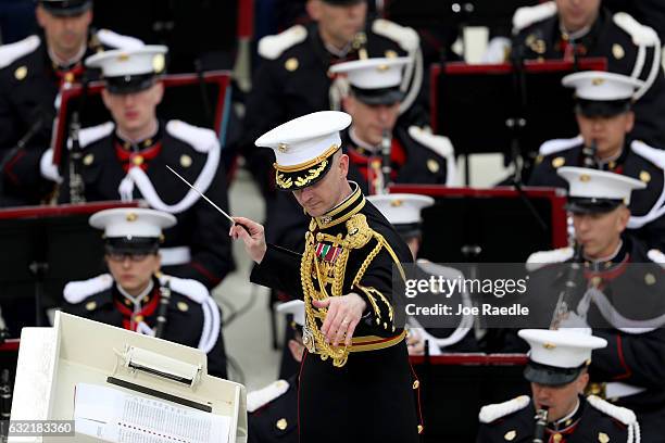 The Marine band plays on the West Front of the U.S. Capitol on January 20, 2017 in Washington, DC. In today's inauguration ceremony Donald J. Trump...