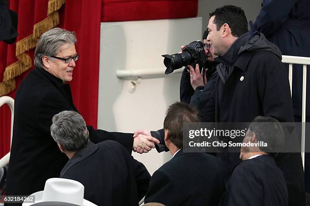 Senior Counselor Steve Bannon greets Rep. Jason Chaffetz on the West Front of the U.S. Capitol before the presidential inauguration on January 20,...