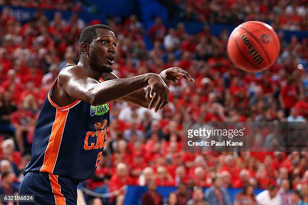 Nnanna Egwu of the Taipans passes the ball during the round 16 NBL match between the Perth Wildcats and the Cairns Taipans at Perth Arena on January...