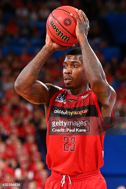 Casey Prather of the Wildcats looks to pass the ball during the round 16 NBL match between the Perth Wildcats and the Cairns Taipans at Perth Arena...