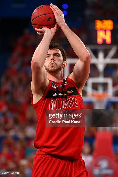 Angus Brandt of the Wildcats shoots a free throw during the round 16 NBL match between the Perth Wildcats and the Cairns Taipans at Perth Arena on...