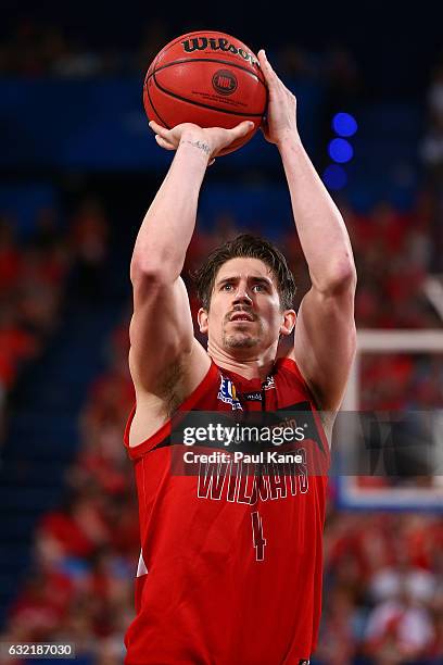 Greg Hire of the Wildcats shoots a free throw during the round 16 NBL match between the Perth Wildcats and the Cairns Taipans at Perth Arena on...