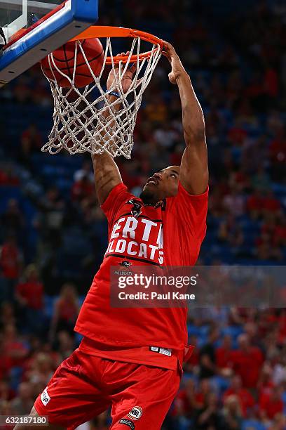 Bryce Cotton of the Wildcats warms up during the round 16 NBL match between the Perth Wildcats and the Cairns Taipans at Perth Arena on January 20,...