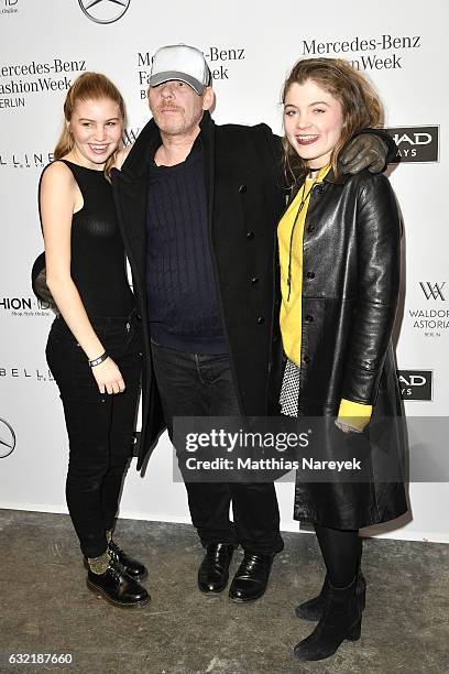 Ben Becker, his daughter Lilith Maria Doerthe Becker and guest attend the Dawid Tomaszewski X Patrizia Aryton show during the Mercedes-Benz Fashion...