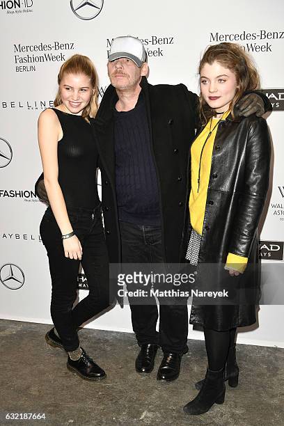 Ben Becker, his daughter Lilith Maria Doerthe Becker and guest attend the Dawid Tomaszewski X Patrizia Aryton show during the Mercedes-Benz Fashion...
