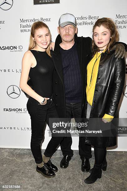 Ben Becker, his daughter Lilith Maria Doerthe Becker and guest attend the Dawid Tomaszewski X Patrizia Aryton show during the Mercedes-Benz Fashion...