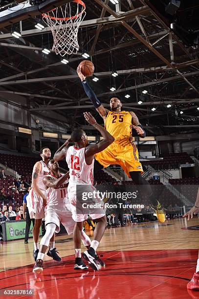 Eric Moreland of the Canton Charge drives to the basket over Jalen Jones of the Maine Red Claws as part of 2017 NBA D-League Showcase at the Hershey...