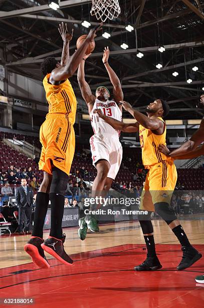 Marcus Georges-Hunt of the Maine Red Claws drives to the basket during the game against the Canton Charge as part of 2017 NBA D-League Showcase at...