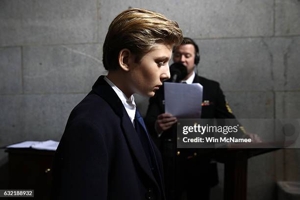 Barron Trump arrives on the West Front of the U.S. Capitol on January 20, 2017 in Washington, DC. In today's inauguration ceremony Donald J. Trump...