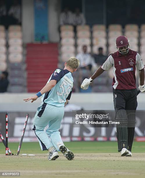 Cricket - Champions League T20 - CLT20 - Omari Banks of Somerset is bowled by Brett Lee of NSW during the Airtel Champions Twenty20 League. A match...