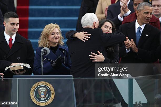 Vice President Mike Pence hugs his daughter Audrey Pence on the West Front of the U.S. Capitol on January 20, 2017 in Washington, DC. In today's...