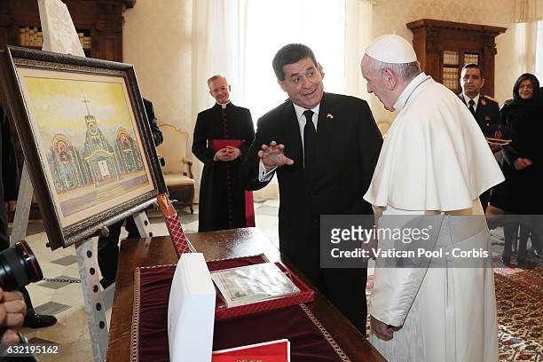 Pope Francis meets President of Paraguay Horacio Manuel Cartes Jara on January 20, 2017 in Vatican City, Vatican. .