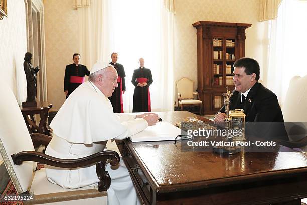 Pope Francis meets President of Paraguay Horacio Manuel Cartes Jara on January 20, 2017 in Vatican City, Vatican. .