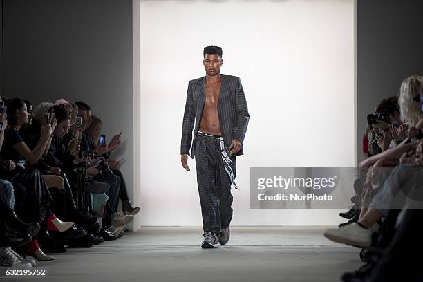 Model runs the runway at the Sadak Show during the Mercedes-Benz Fashion Week Berlin A/W 2017 at Kaufhaus Jandorf in Berlin, Germany on January 20,...