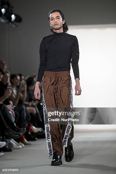 Model runs the runway at the Sadak Show during the Mercedes-Benz Fashion Week Berlin A/W 2017 at Kaufhaus Jandorf in Berlin, Germany on January 20,...