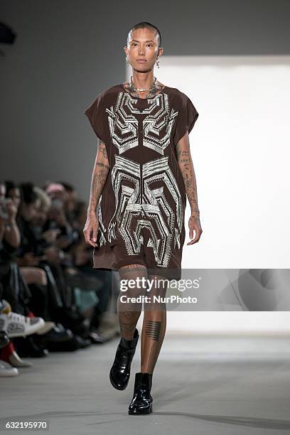 Model runs the runway at the Sadak Show during the Mercedes-Benz Fashion Week Berlin A/W 2017 at Kaufhaus Jandorf in Berlin, Germany on January 20,...